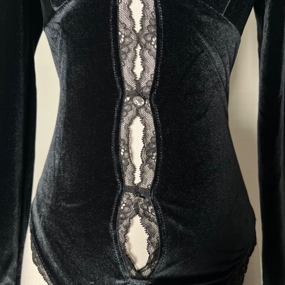 VICTORIA'S SECRET Black Velvet Lace Bodysuit Long Sleeves Thong Open Front XS - Picture 14 of 16